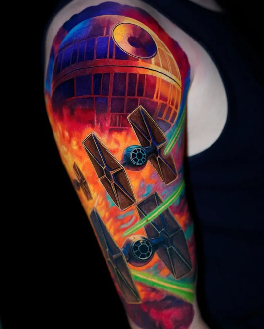 Big Neotraditional Star Wars Death Star TIE Fighters Tattoo on Men Arm by @andreadepaolatattoo