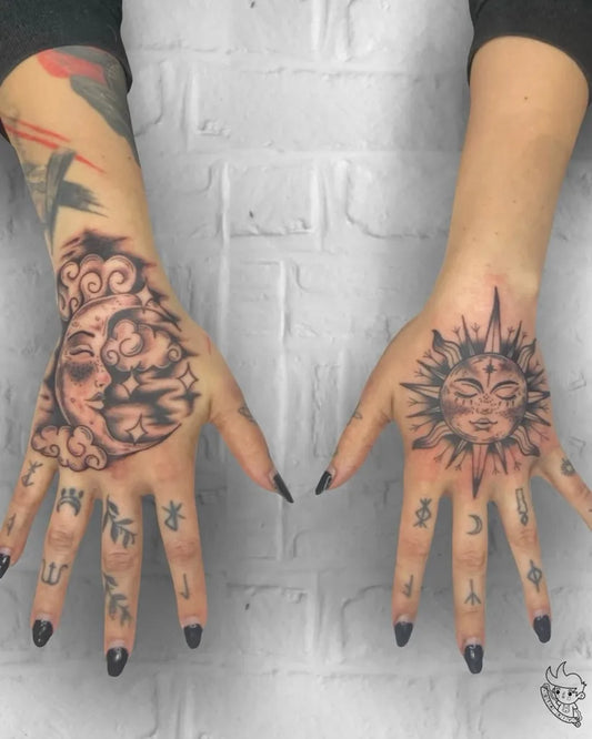 Big Neotraditional Sun and Moon on Women Hands Tattoo by @dta.tattoo