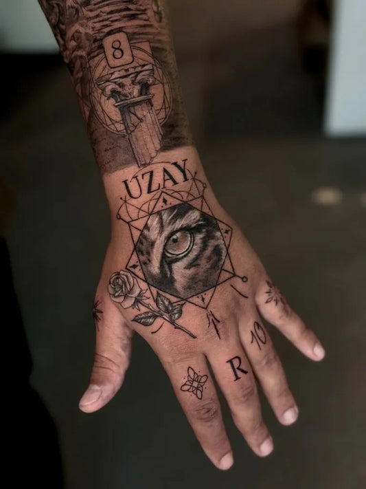 Big Neotraditional Tiger Eye Hand on Men Hand Tattoo by @yagizhanetiman