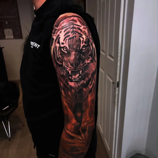 Big Neotraditional Tiger on Men Arm Tattoo by @jacksteere_tattoos_