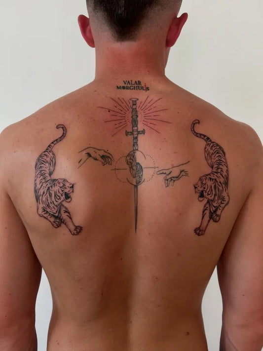 Big Neotraditional Tigers Sword Sun on Men Back Tattoo by @jessesdesigns_