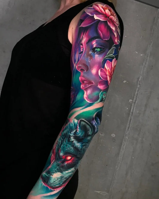 Big Neotraditional Woman Wolf Flower on Women Arm Tattoo by @tattoosfolder