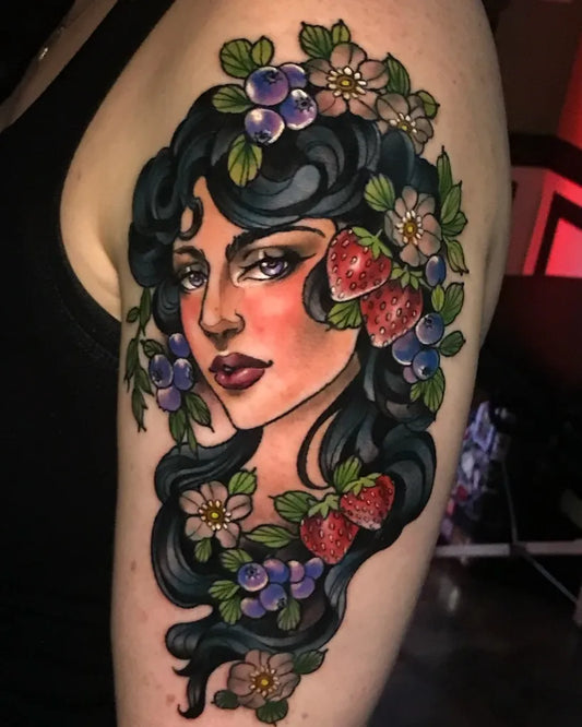 Big Neotraditional Woman with Flowers and Berries on Women Shoulder Tattoo by @whitewolfink