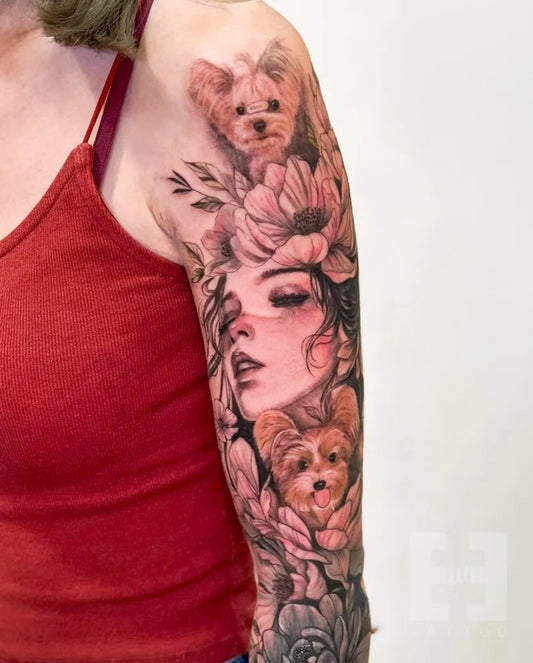 Big Neotraditional Woman with Yorkshire Terriers and Flowers on Women Arm Sleeve Tattoo by @ewetattoo