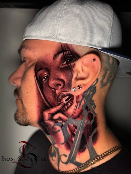 Big Neotraditional Womans Face on Mens Face Tattoo by @beast.status.ink