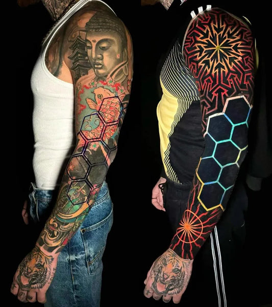 Big Neotribal Buddha Geometric Mandala on Men Sleeve Tattoo by @alex_santucci_tattooer