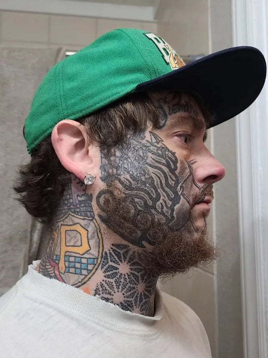 Big Neotribal Dragon and Patterns on Men Face Tattoo by @rjgeibl