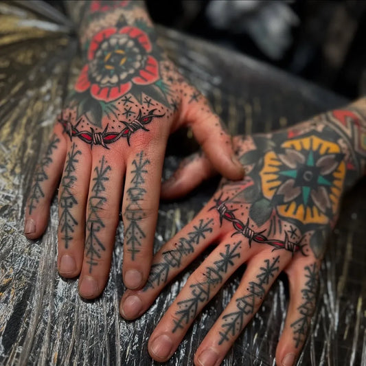 Big Neotribal Floral designs barbed wire runes on Men Hands Tattoo by @straydogstattoo