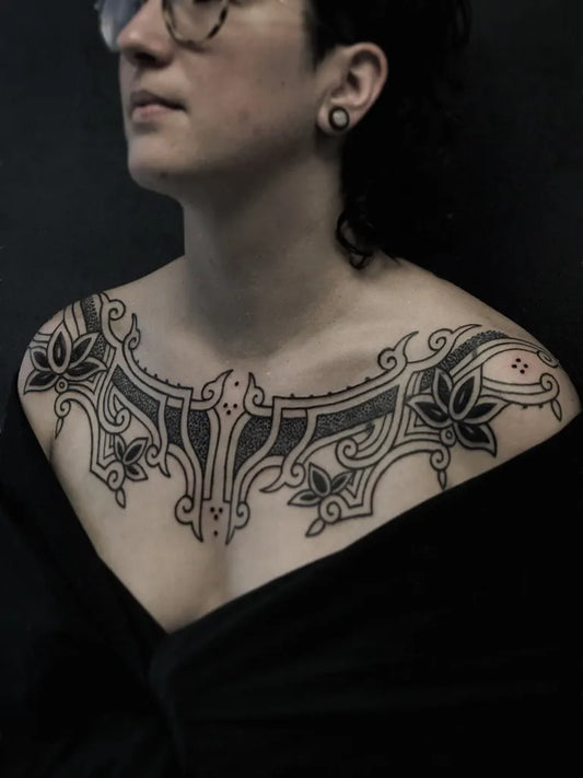 Big Neotribal Flowers and Ornaments on Women Chest Tattoo by @fuser_._._
