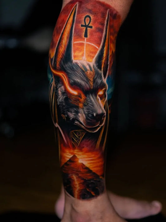 Big New School Anubis Pyramid Sun Tattoo on Men Leg by @mr.inkskinmarker