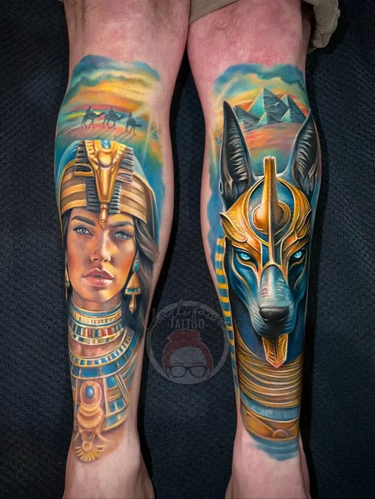 Big New School Anubis and Nefertiti Tattoo on Men Leg by @charlifury_tattoo