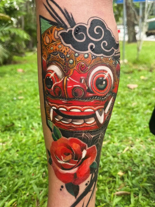 Big New School Barong Mask and Rose Tattoo on Men Leg by @yandemarlon_tattooer