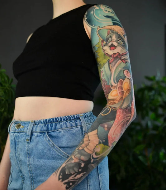 Big New School Cat Bow Lotus Tattoo on Women Arm by @lina__chibi