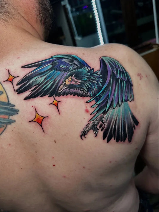 Big New School Crow with Stars and Moon Tattoo on Men Shoulder by @ace_xibalba