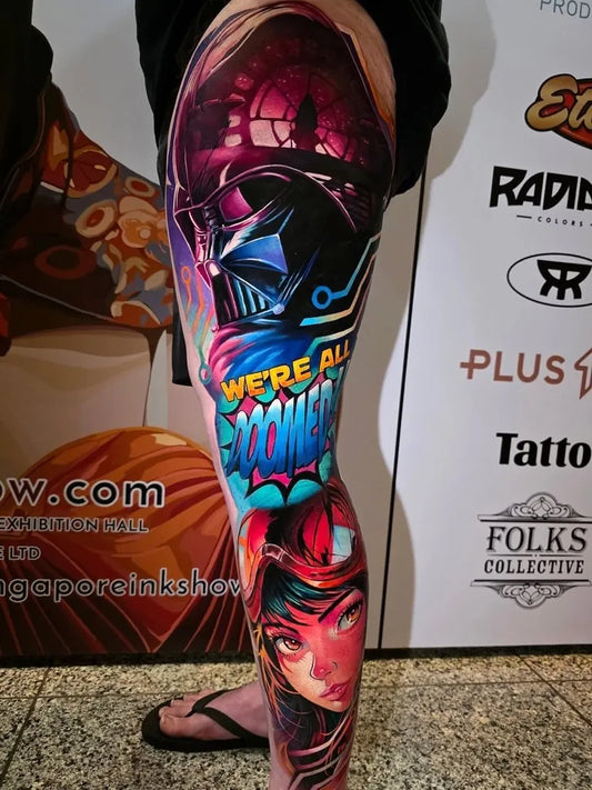 Big New School Darth Vader and Woman Tattoo on Women Thigh by @neonhearttattoo