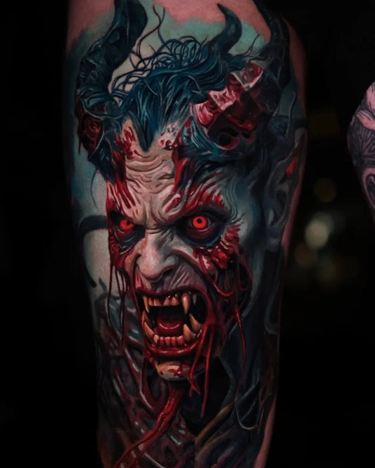 Big New School Demon Face Tattoo on Men Arm by @inked.world_
