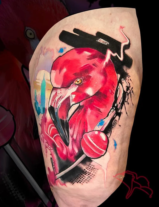 Big New School Flamingo and Lollipop Tattoo on Women Thigh by @alinepetunia