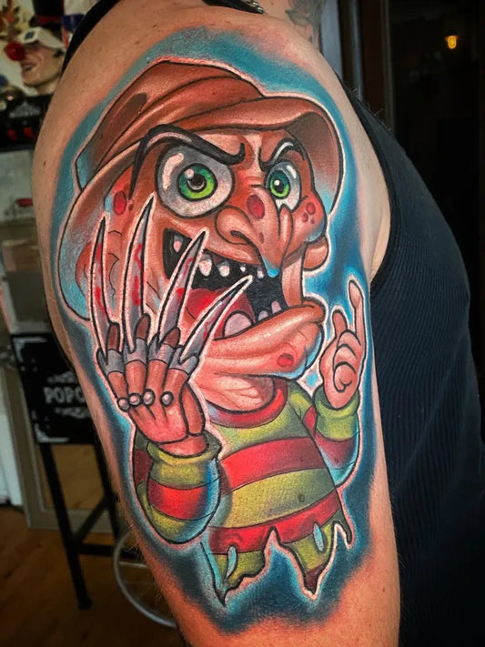 Big New School Freddy Krueger Tattoo on Men Shoulder by @joshhermantattoo