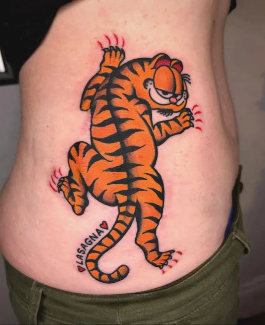 Big New School Garfield Tiger on Women Side Tattoo by @oldschooltattz