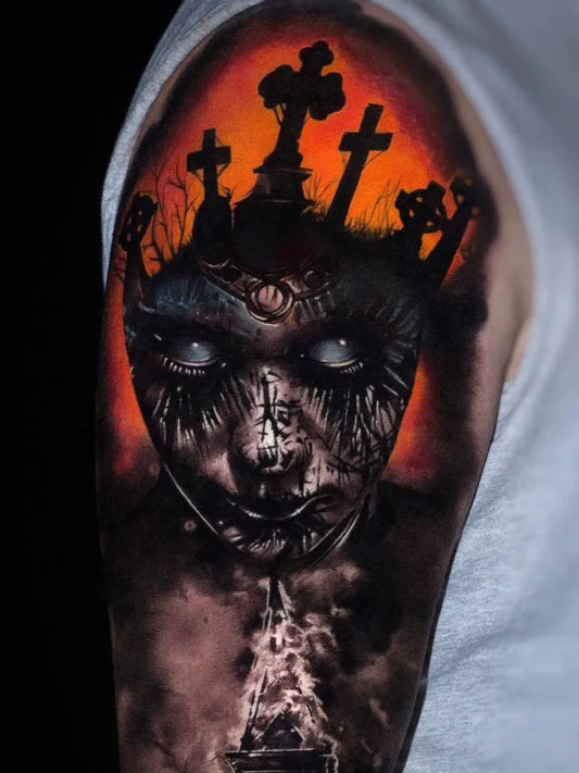 Big New School Ghostly Face with Cemetery Horror Tattoo on Men Arm by @my_ink_chronicles