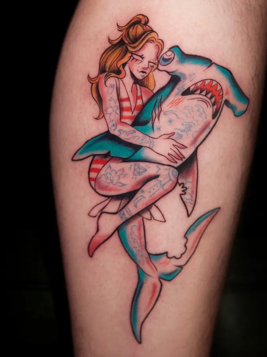 Big New School Hammerhead Shark and Pinup Girl on Women Leg Tattoo by @salamandraxink