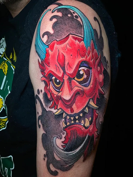 Big New School Hannya Mask Tattoo on Men Arm by @alex_d_tattoos