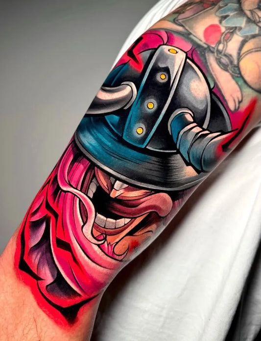 Big New School Hannya Mask Tattoo on Men Arm by @tk_tattoo_studio