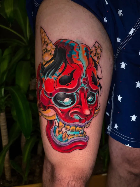Big New School Hannya Mask Tattoo on Men Thigh by @kid.fresquito