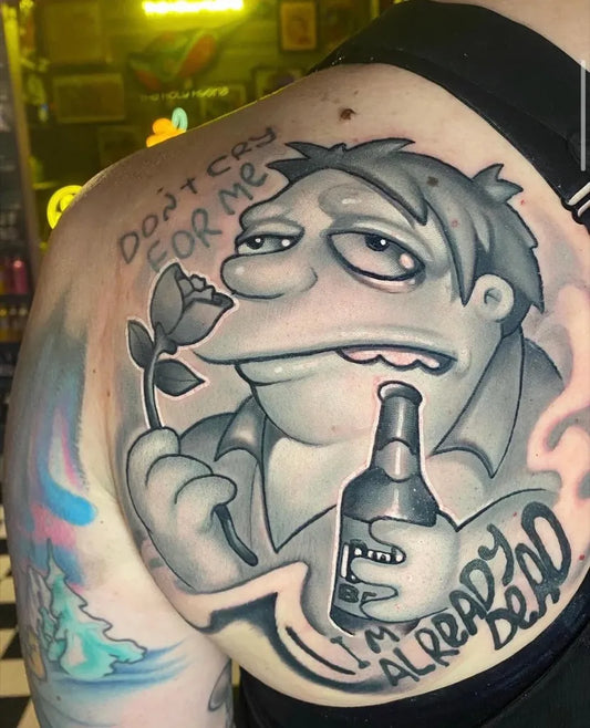 Big New School Homer Simpson with Rose and Beer Tattoo on Men Shoulder by @joshhermantattoo