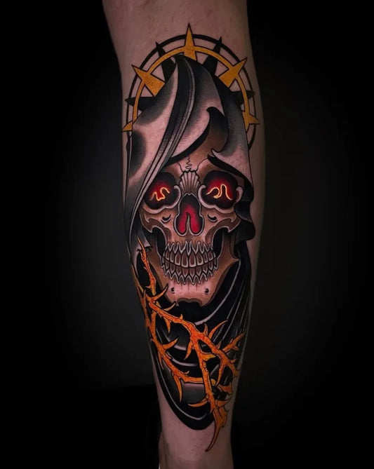 Big New School Hooded Skull with Halo and Thorns Tattoo on Men Leg by @onasbcn