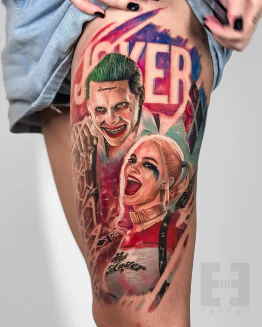 Big New School Joker and Harley Quinn on Women Thigh Tattoo by @ewetattoo