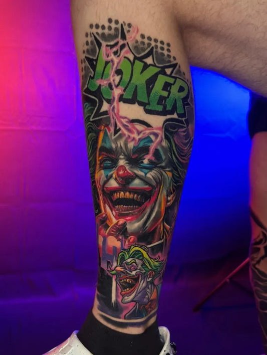 Big New School Joker on Men Leg Tattoo by @edwinriosink