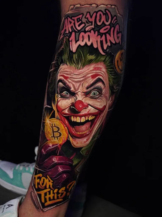Big New School Joker with Bitcoin and Text on Men Leg Tattoo by @nucetetattoo