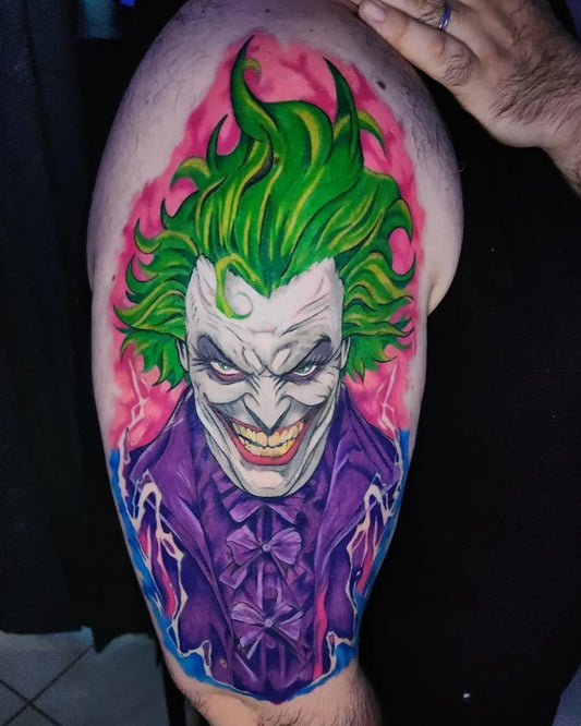 Big New School Joker with lightning on Men Arm Tattoo by @venus.arts_