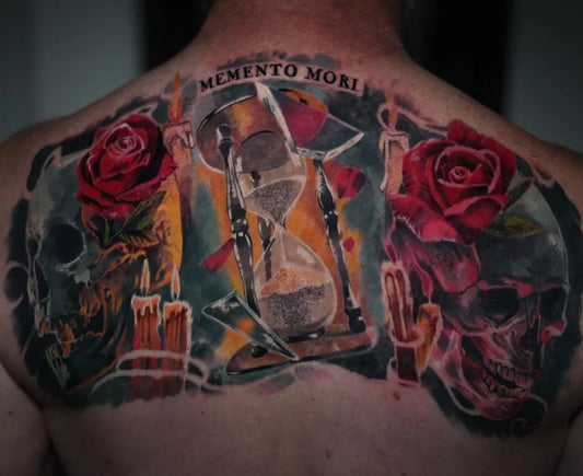 Big New School Memento Mori Skulls Roses on Men Back Tattoo by @jorgewolfquintana