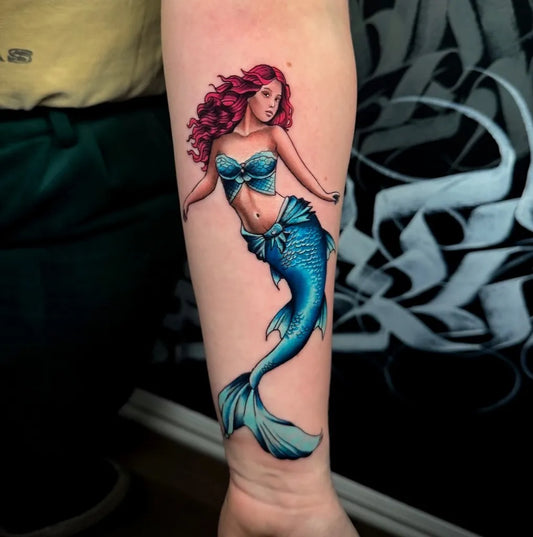 Big New School Mermaid Tattoo on Women Arm by @colombomattia82