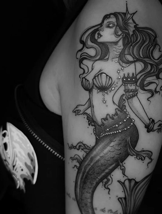 Big New School Mermaid Tattoo on Women Upper Arm by @vanessa_tattooist