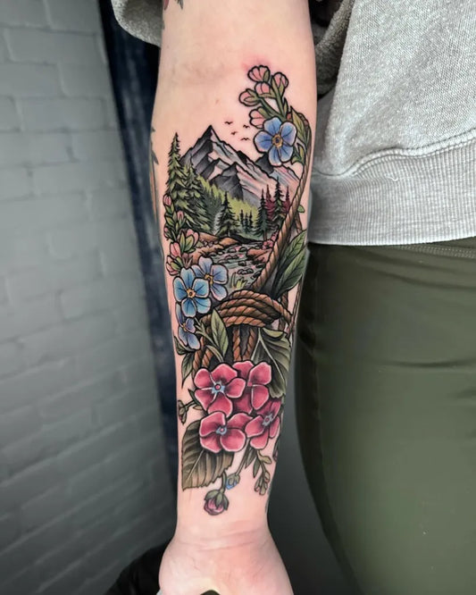 Big New School Mountain Landscape with Flowers and Rope Tattoo on Women Inner Arm by @zachtoos