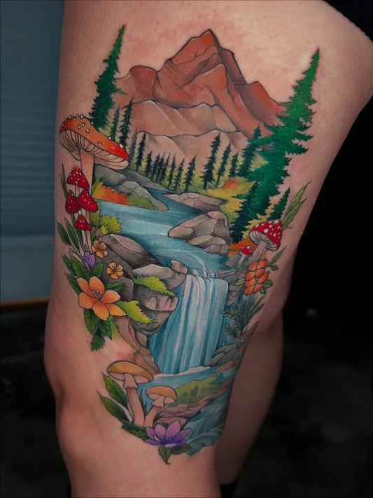 Big New School Mountain Mushrooms Waterfall Tattoo on Women Thigh by @tiny.elf.tattoos