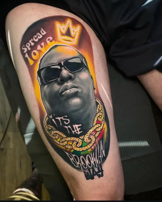 Big New School Notorious BIG Portrait Tattoo on Men Thigh by @joshhermantattoo
