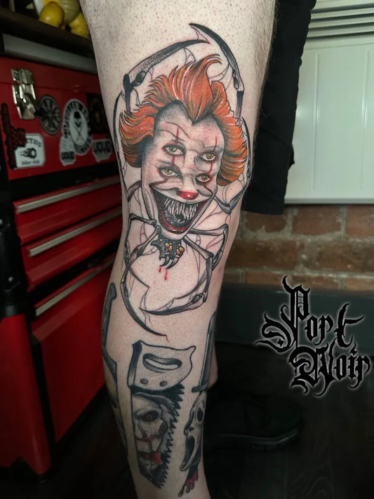 Big New School Pennywise Spider Horror Tattoo on Men Thigh by @portnoir.tattoo