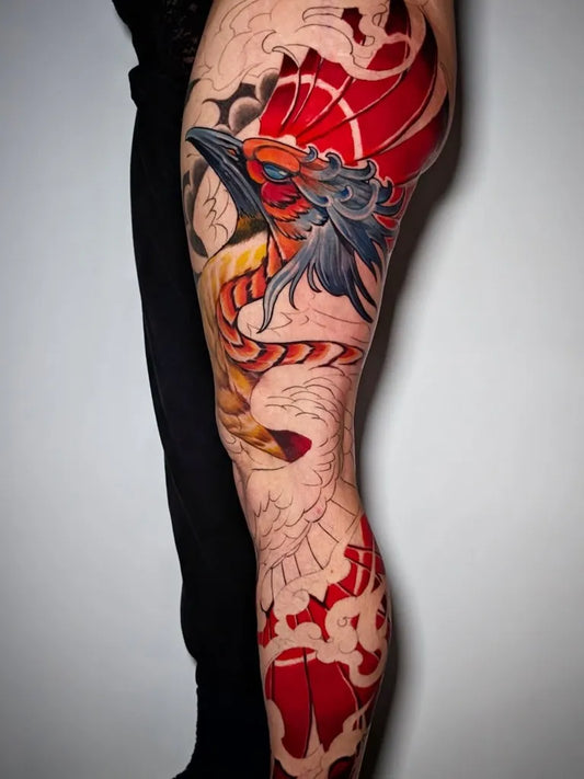 Big New School Phoenix Tattoo on Women Thigh by @much_tattoos