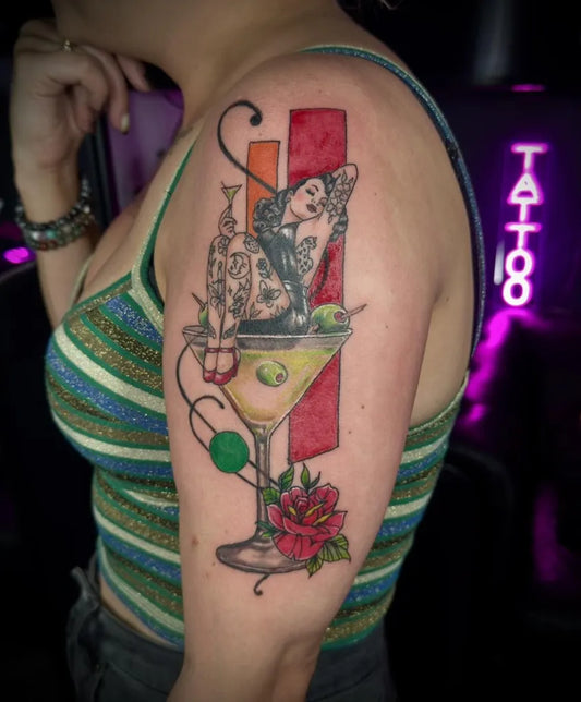 Big New School Pin Up Girl Martini Rose Tattoo on Women Shoulder by @wrenswarriorink