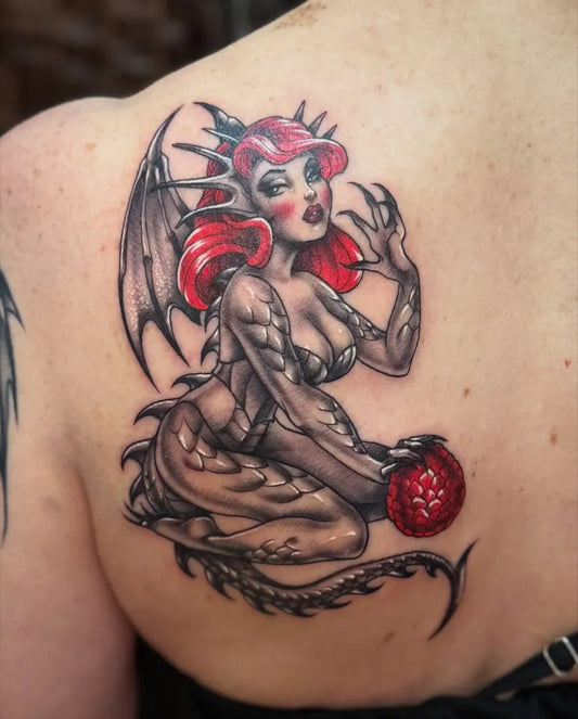 Big New School Pin Up Girl with Dragon and Pomegranate Tattoo on Women Shoulder by @carlieyedtattoo
