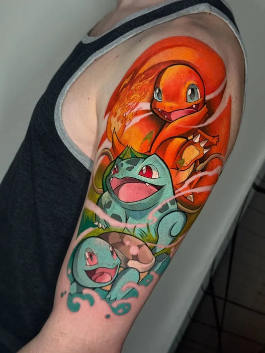 Big New School Pokemon Trio Tattoo on Men Arm by @rigo4k
