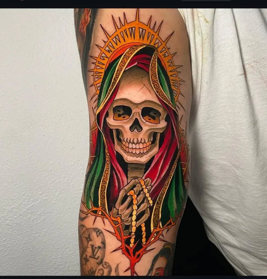 Big New School Santa Muerte Skull with Rosary Tattoo on Men Arm by @santamuertetattoos