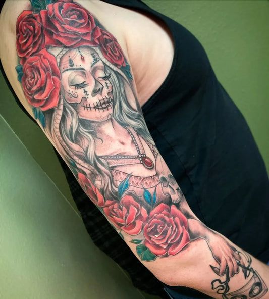 Big New School Santa Muerte with Roses and Skull Tattoo on Women Arm by @heatherheatwavetattoo