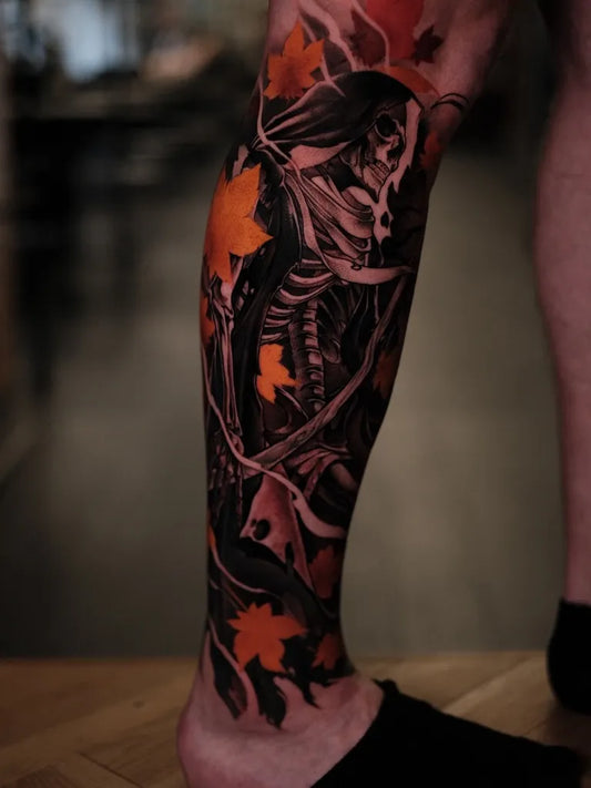Big New School Skeleton Crow Autumn Leaves Tattoo on Men Leg by @cappellini_ink
