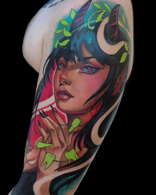 Big New School Succubus Portrait Tattoo on Women Arm by @catieheartink