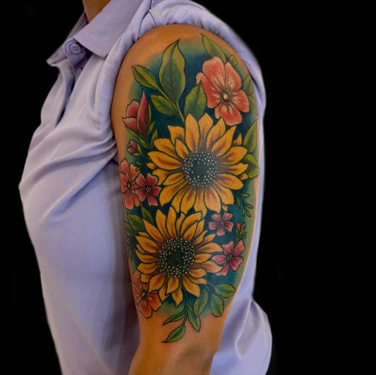 Big New School Sunflower and Flowers on Women Arm Tattoo by @tattoosbyraychill